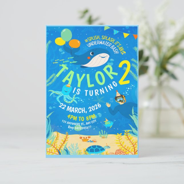 Invitación cumpleaños de vida marina submarina (Anverso de pie)