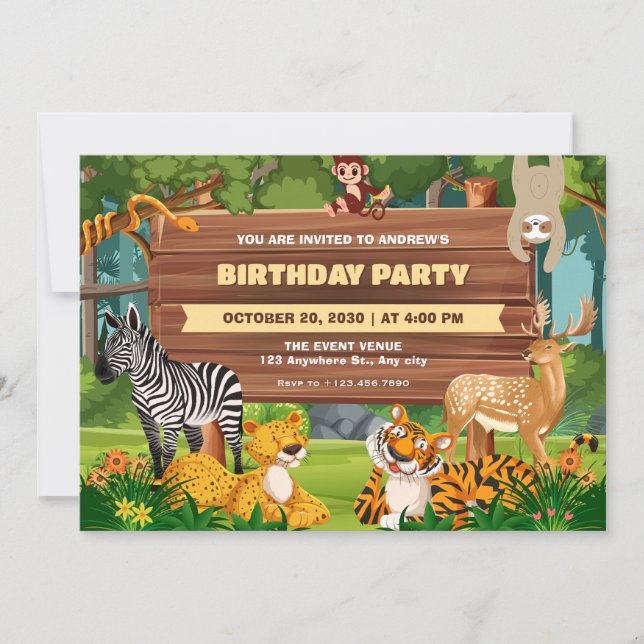 Invitación cumpleaños de vida salvaje del zoológico de Safari (Anverso)