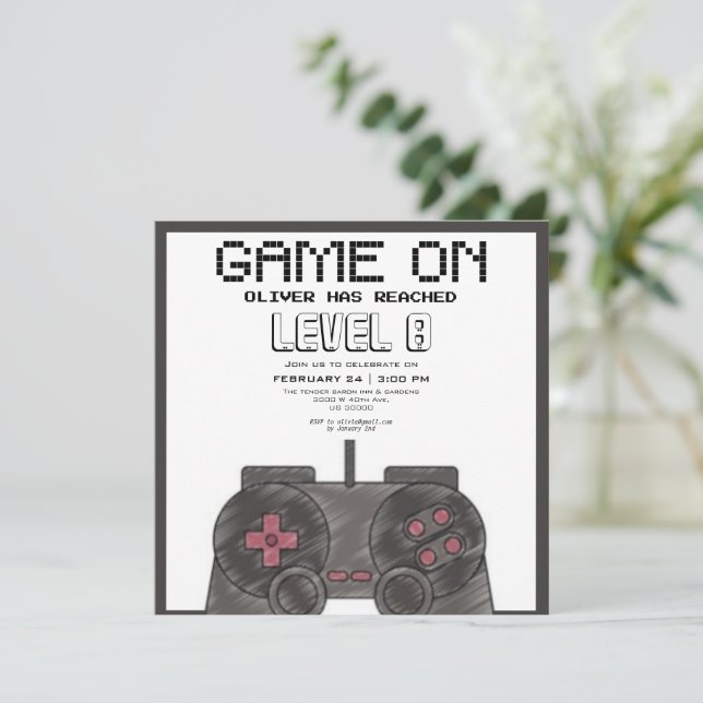 Invitación cumpleaños de videojuegos (Anverso de pie)