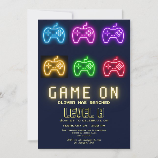 Invitación cumpleaños de videojuegos de Neon Any (Anverso)