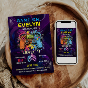 Invitación Cumpleaños de videojuegos Game On Level Up