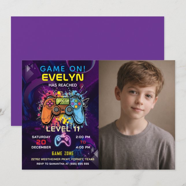 Invitación Cumpleaños de videojuegos Game On Level Up (Anverso / Reverso)