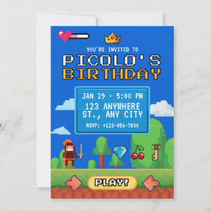 Invitación Cumpleaños de videojuegos retro de 8 bits para jug