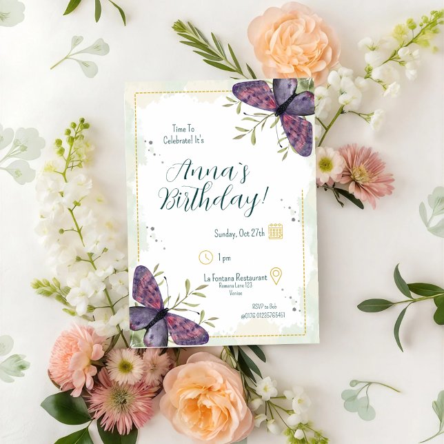 Invitación Cumpleaños de Violet Butterfly Watercolor (Subido por el creador)
