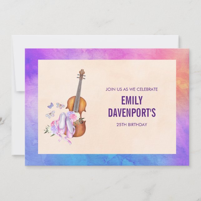 Invitación Cumpleaños de Violín, Zapatillas de Ballet y Marip (Anverso)