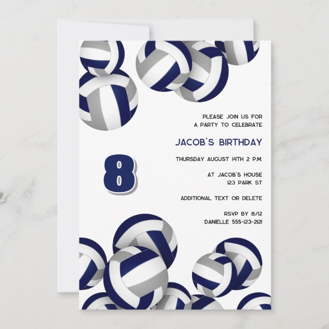 Invitación cumpleaños de voleibol gris azul o fiesta de equip (Anverso)