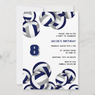 Invitación cumpleaños de voleibol gris azul o fiesta de equip