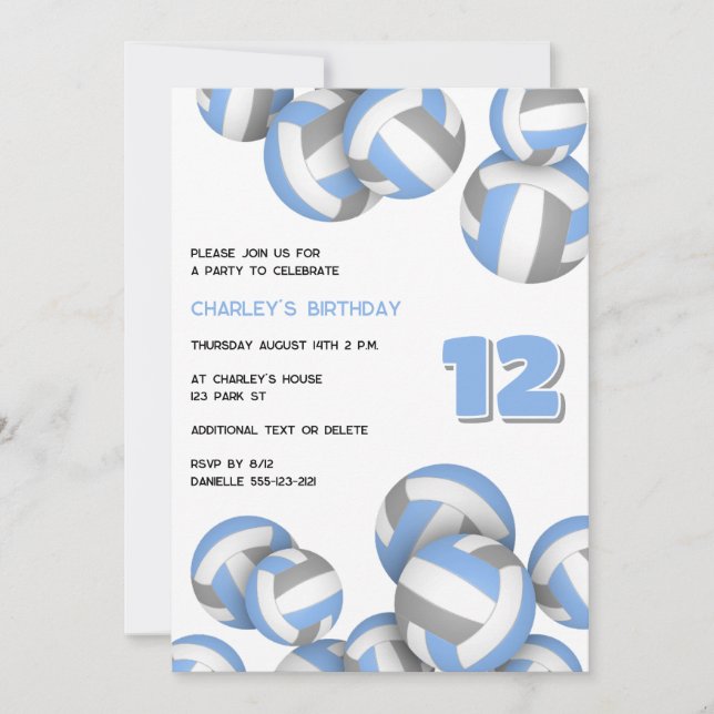 Invitación cumpleaños de vóley gris azul de lt o fiesta de eq (Anverso)