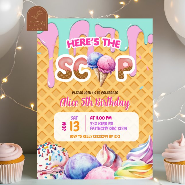 Invitación Cumpleaños de waffle con helado rosa goteando de f (Subido por el creador)