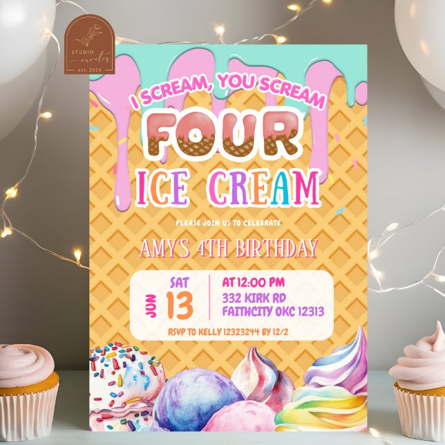 Invitación Cumpleaños de waffle con helado rosa goteando de f (Subido por el creador)