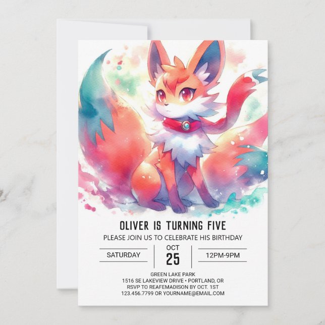Invitación Cumpleaños de Watercolor Digital Fox (Anverso)