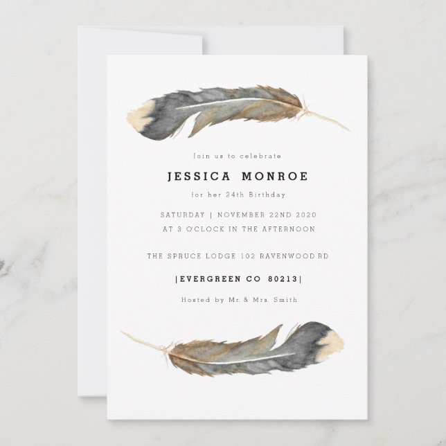 Invitación Cumpleaños de Watercolor Feather Duo (Anverso)
