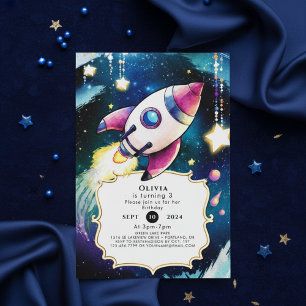 Invitación Cumpleaños de Watercolor Meteor Rocket