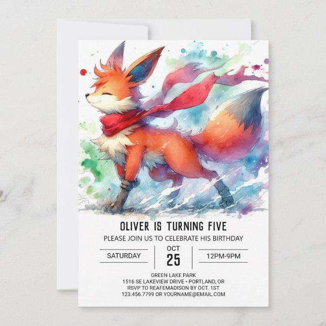 Invitación Cumpleaños de Watercolor Online Fox (Anverso)