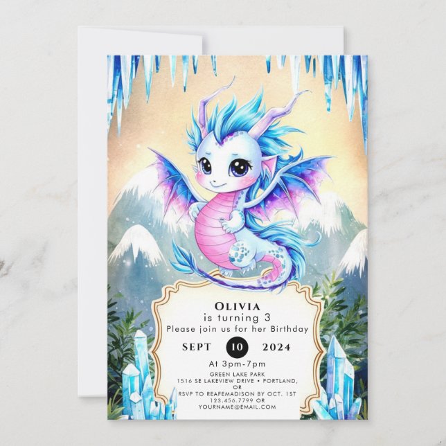 Invitación Cumpleaños de Watercolor Whimsy Dragon (Anverso)