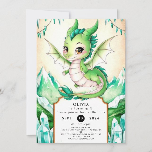 Invitación Cumpleaños de Watercolor Whimsy Dragon (Anverso)