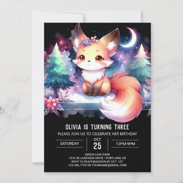 Invitación Cumpleaños de Whimsy Digital Fox (Anverso)