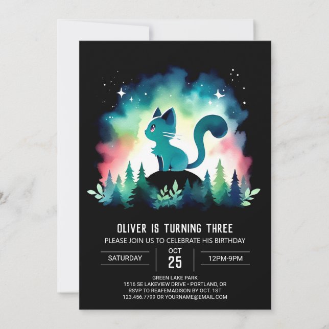 Invitación Cumpleaños de Whimsy Fun Cat (Anverso)