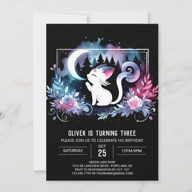 Invitación Cumpleaños de Whimsy Kitten Cat (Anverso)