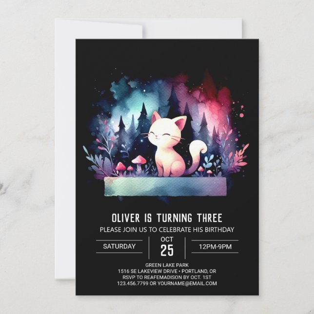Invitación Cumpleaños de Whimsy Watercolor Cat (Anverso)