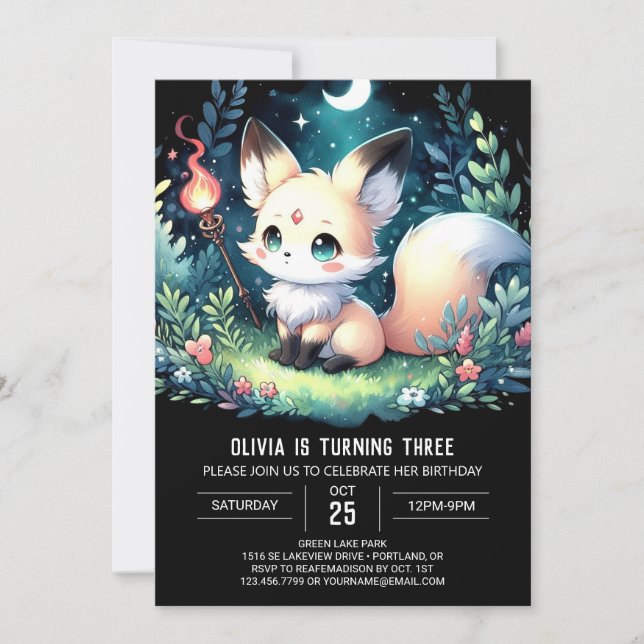 Invitación Cumpleaños de Whimsy Woods Fox (Anverso)