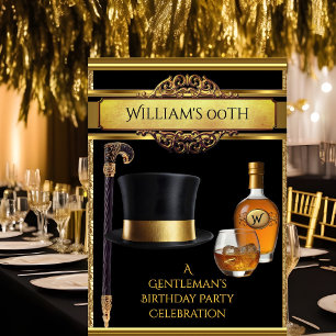 Invitación Cumpleaños de Whiskey Caballeros Elegante Oro Negr
