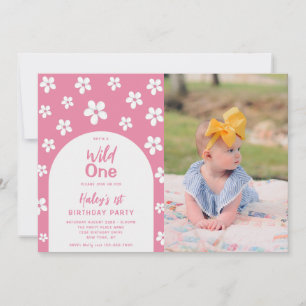 Invitación Cumpleaños de Wild One Floral Photo Baby Girl