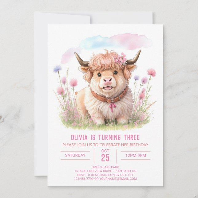 Invitación Cumpleaños de Wildflower Highland Cow Bliss Chica (Anverso)