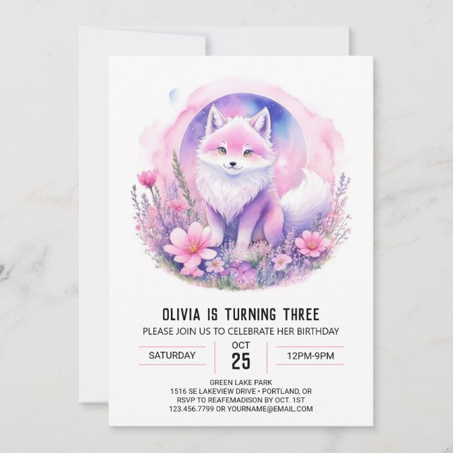 Invitación Cumpleaños de Wildflower Wolf Chica (Anverso)