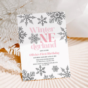 Invitación Cumpleaños de Winter Onederland rosa plateado copo