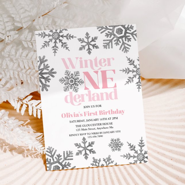 Invitación Cumpleaños de Winter Onederland rosa plateado copo (Subido por el creador)