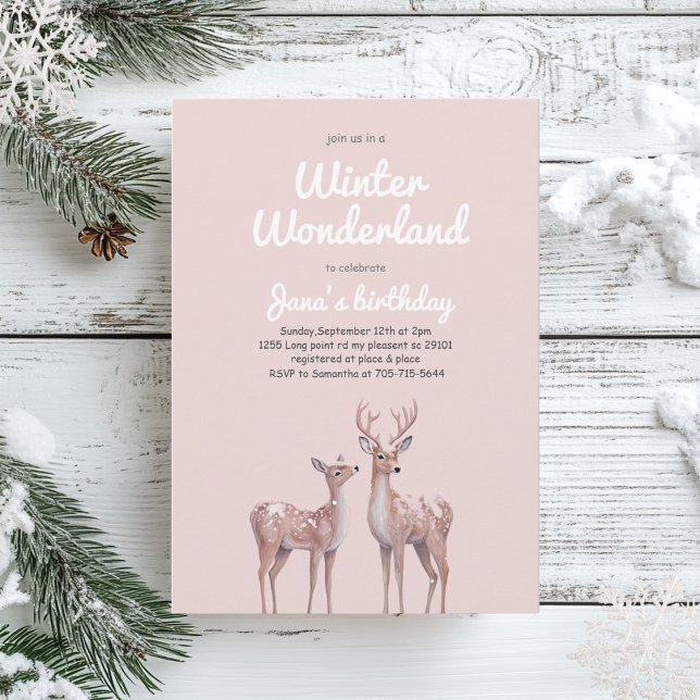 Invitación Cumpleaños de Winter Wonderland | Pink y Deer blan (Subido por el creador)