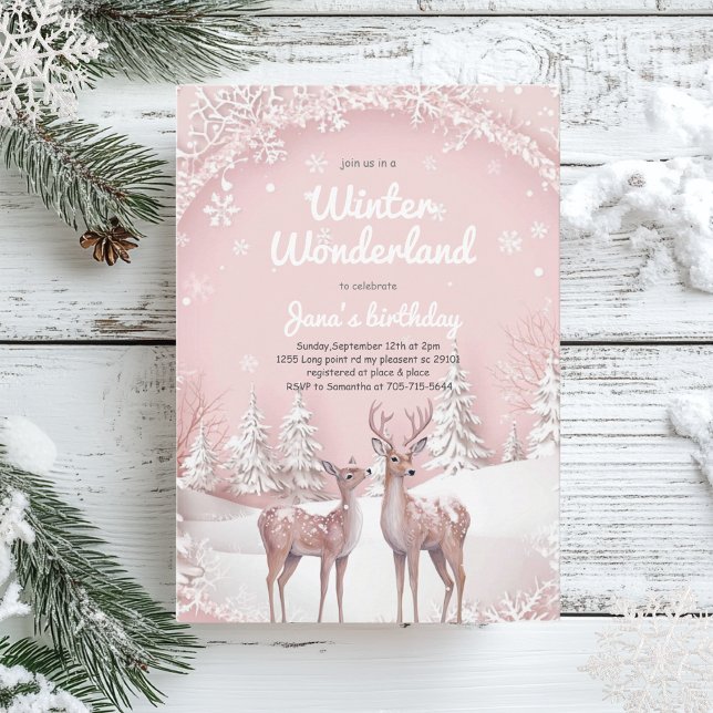 Invitación Cumpleaños de Winter Wonderland | Pink y Deer blan (Subido por el creador)