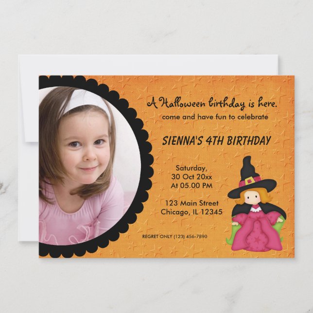 Invitación Cumpleaños de Witchy Halloween (Naranja) (Anverso)