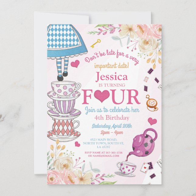 Invitación Cumpleaños de Wonderland 4º Fiesta de té Cuatro Ch (Anverso)
