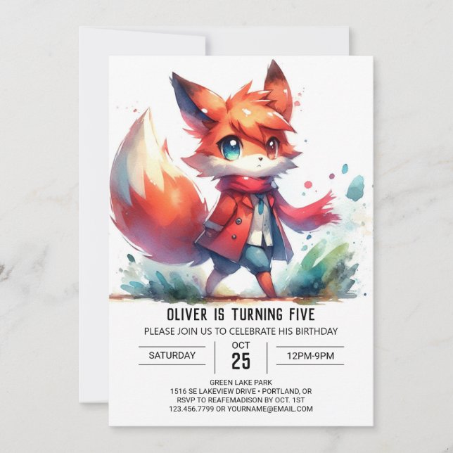 Invitación Cumpleaños de Woodland Editable Fox (Anverso)