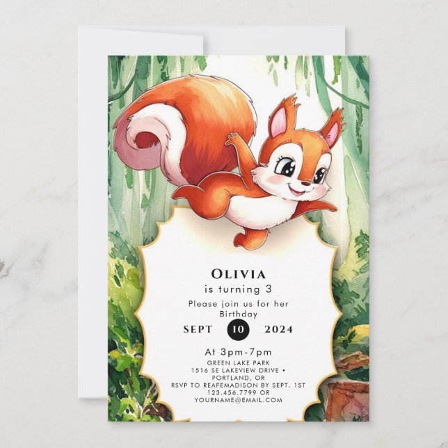 Invitación Cumpleaños de Woodland Pastel Squirrel (Anverso)