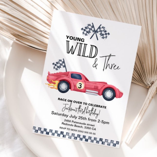 Invitación Cumpleaños de YOUNG Wild y Three Red Race Car (Race car Red Young Wild and three birthday invitation)