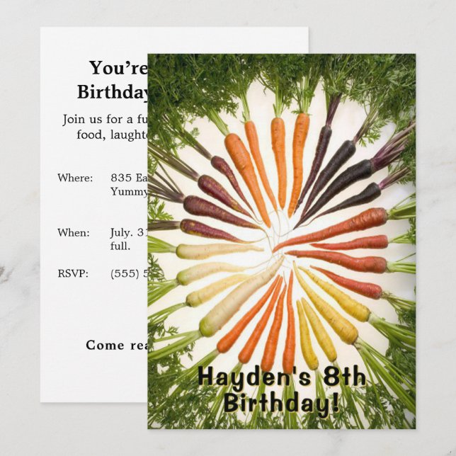 Invitación Cumpleaños de Zanahoria Arcoíris Nombre Personaliz (Anverso / Reverso)