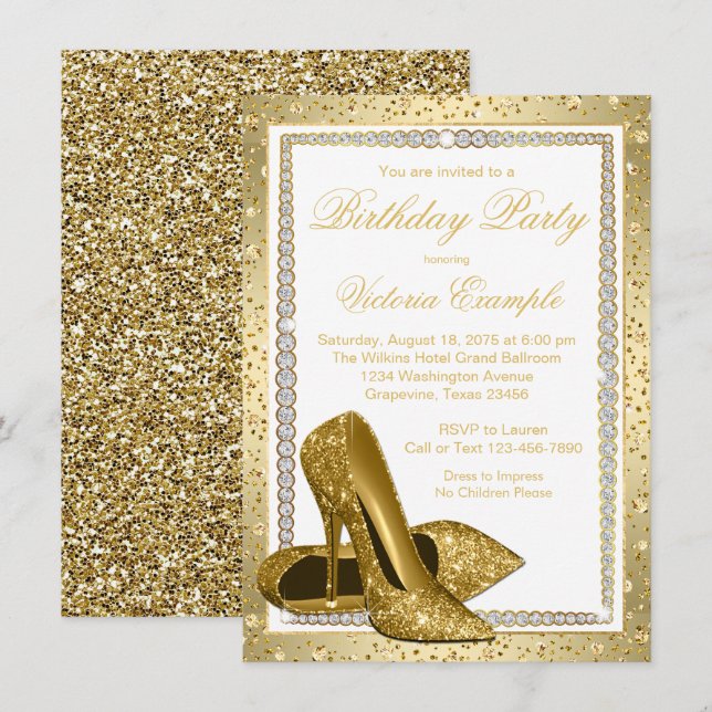 Invitación Cumpleaños de zapato de tacón alto de oro blanco e (Anverso / Reverso)