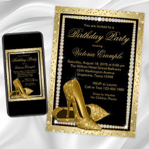 Invitación Cumpleaños de zapato de tacón alto dorado negro el