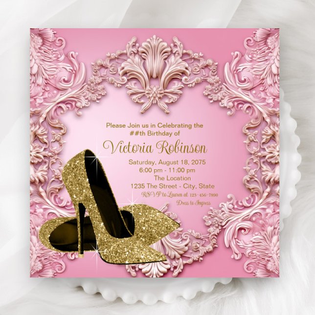 Invitación Cumpleaños de zapato rosa oro de mujer (Elegant pink gold shoe any number birthday and event invitation.)