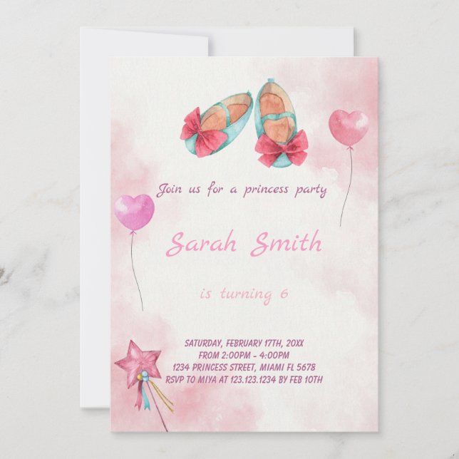 Invitación cumpleaños de zapatos de princesa (Anverso)