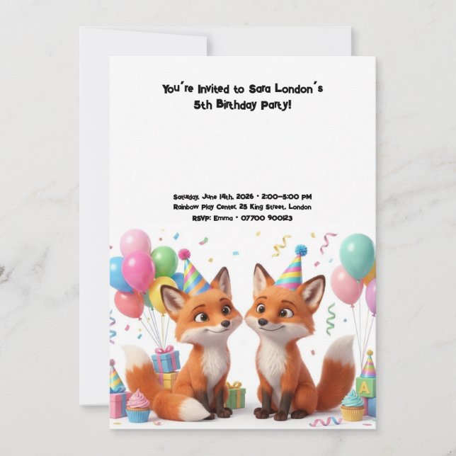 Invitación Cumpleaños de zorro adorable  (Anverso)