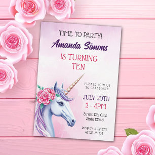 Invitación Cumpleaños Décimo de Niña Unicornio Floral Rosa Pa