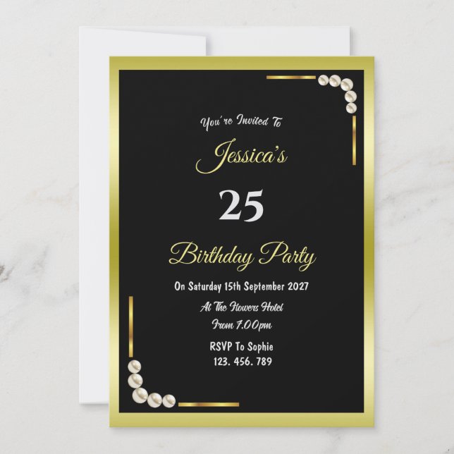 Invitación Cumpleaños Decorativo de Oro y Perlas (Anverso)