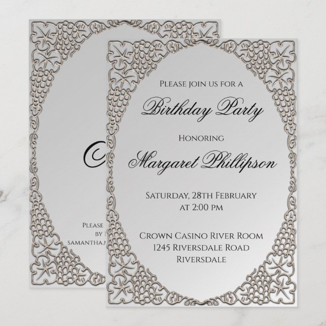 Invitación Cumpleaños Decorativo Elegante Personalizado Plata (Anverso / Reverso)