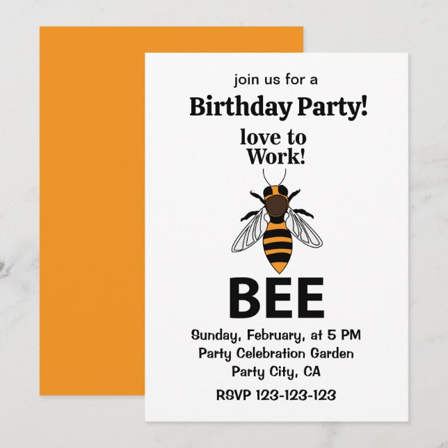 Invitación Cumpleaños del abejorro Amo Trabajar (Anverso / Reverso)