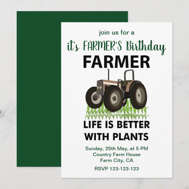 Invitación Cumpleaños del agricultor de campo de tractores ag (Anverso / Reverso)