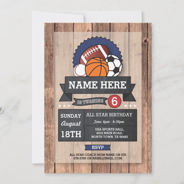Invitación Cumpleaños del All Star Sports Soccer Rugby Basket (Anverso)